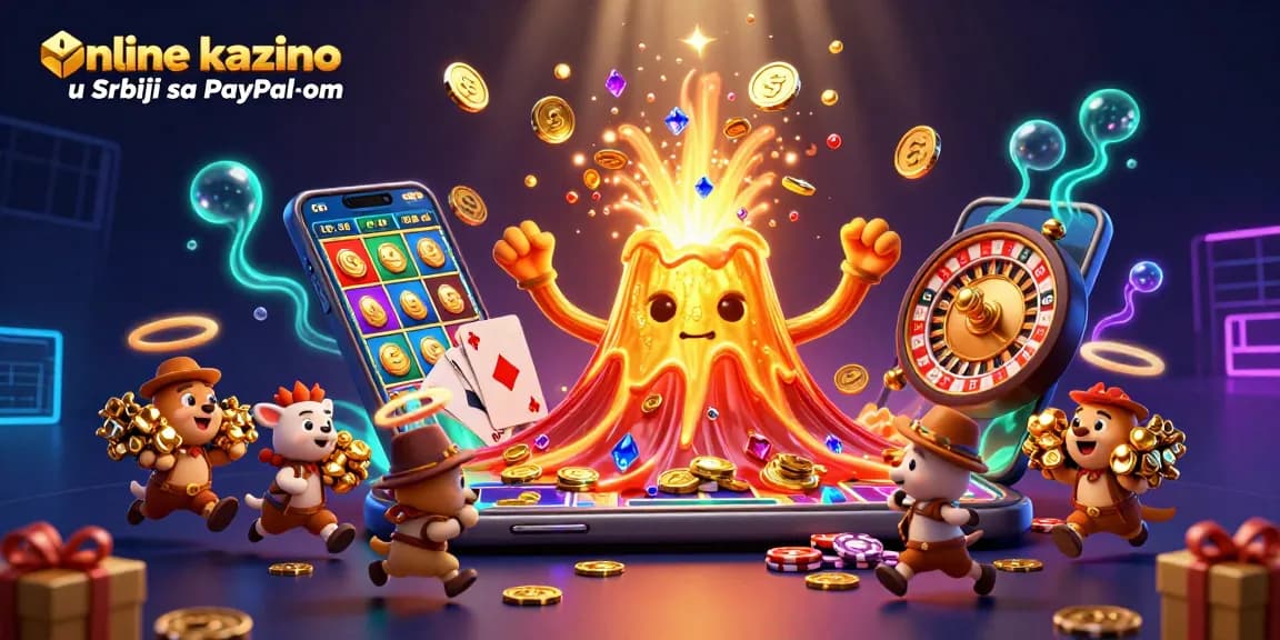 Experience the excitement of online kazino u Srbiji sa PayPal‑om with this vibrant illustration featuring a golden volcano and treasures.