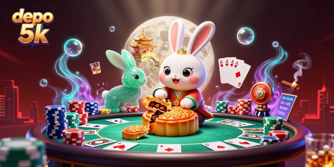 Engage in a vibrant scene of the depo 5k with a moon rabbit revealing poker chips, surrounded by casino elements.