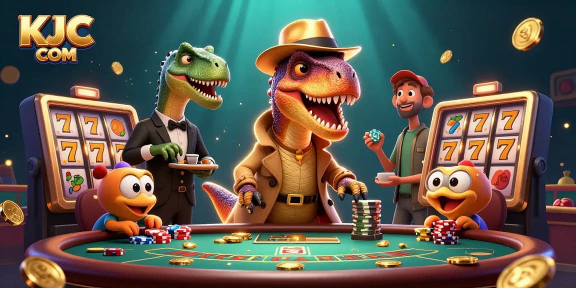 KJC COM showcases a dynamic blackjack scene with a velociraptor and stegosaurus amidst vibrant casino elements.