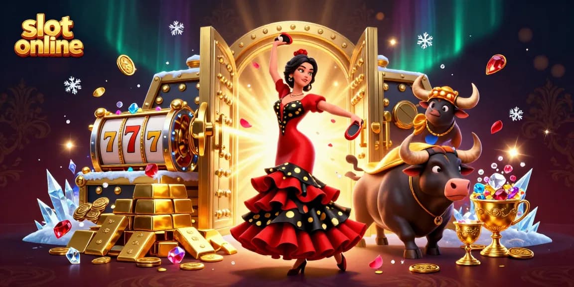 Spin and win with slot online gaming in an ultra-detailed 3D casino illustration bursting with treasures.