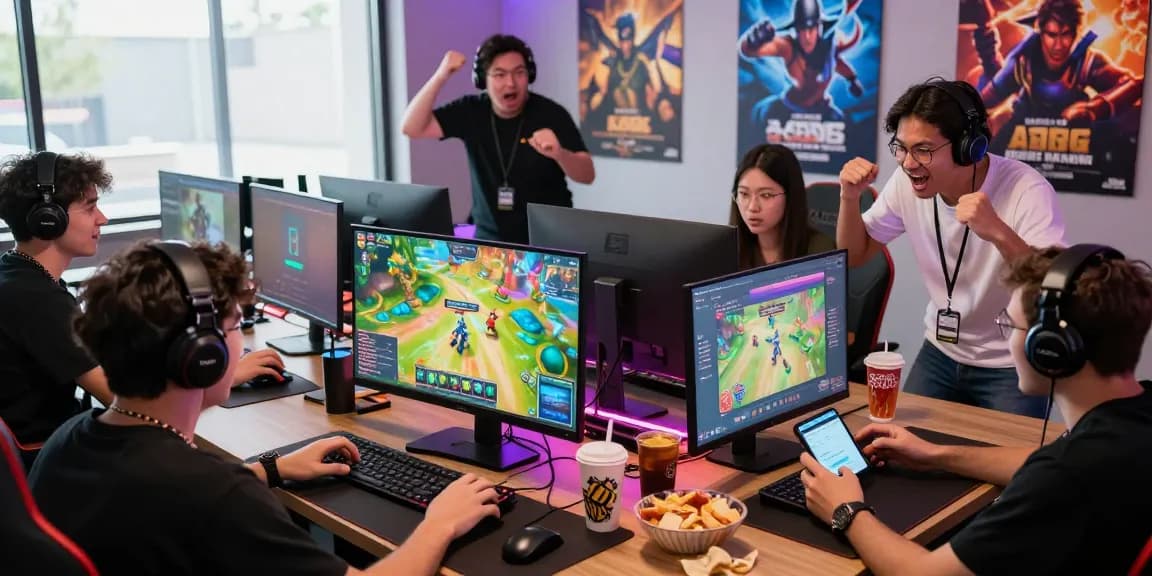 Friends enjoying the KO66 app in a vibrant gaming room, showcasing excitement and community.