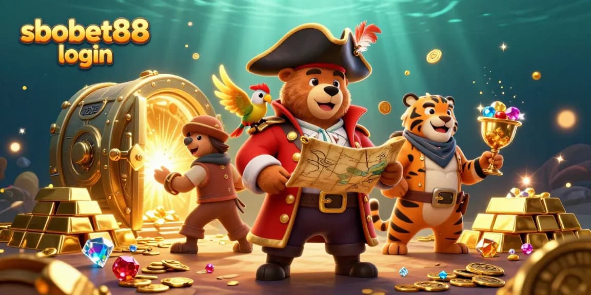 Engaging sbobet88 login scene with a pirate bear, tiger, and treasures for casino enthusiasts