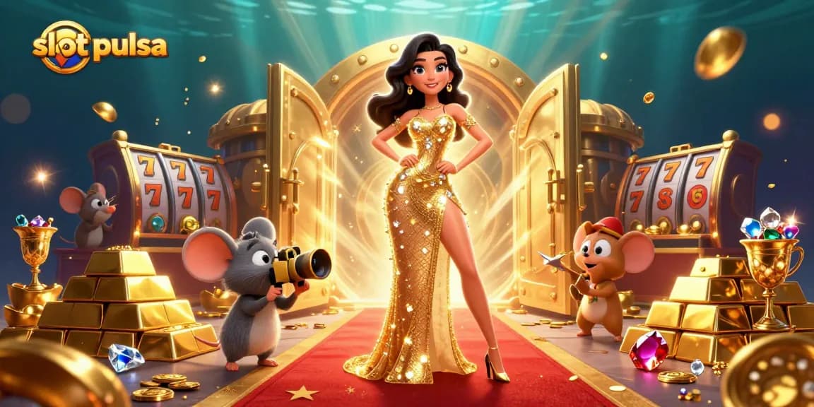 Experience exciting slot pulsa wins with glamorous symbols and golden treasures in this vibrant 3D scene.