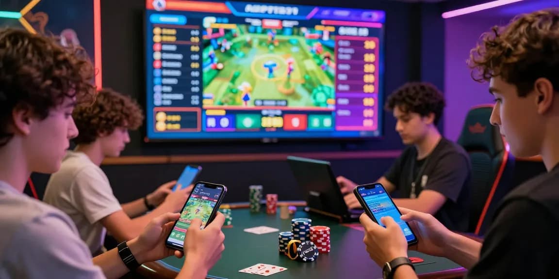 Engaged players enjoying grandbetting's live casino experience with colorful betting graphics and interactive devices.