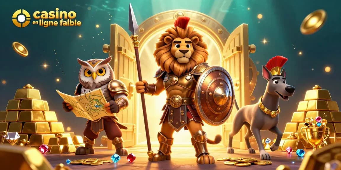 Interagissez avec un casino en ligne fiable à travers une illustration 3D captivante d'un lion spartiate, d'un hibou et d'un lévrier.