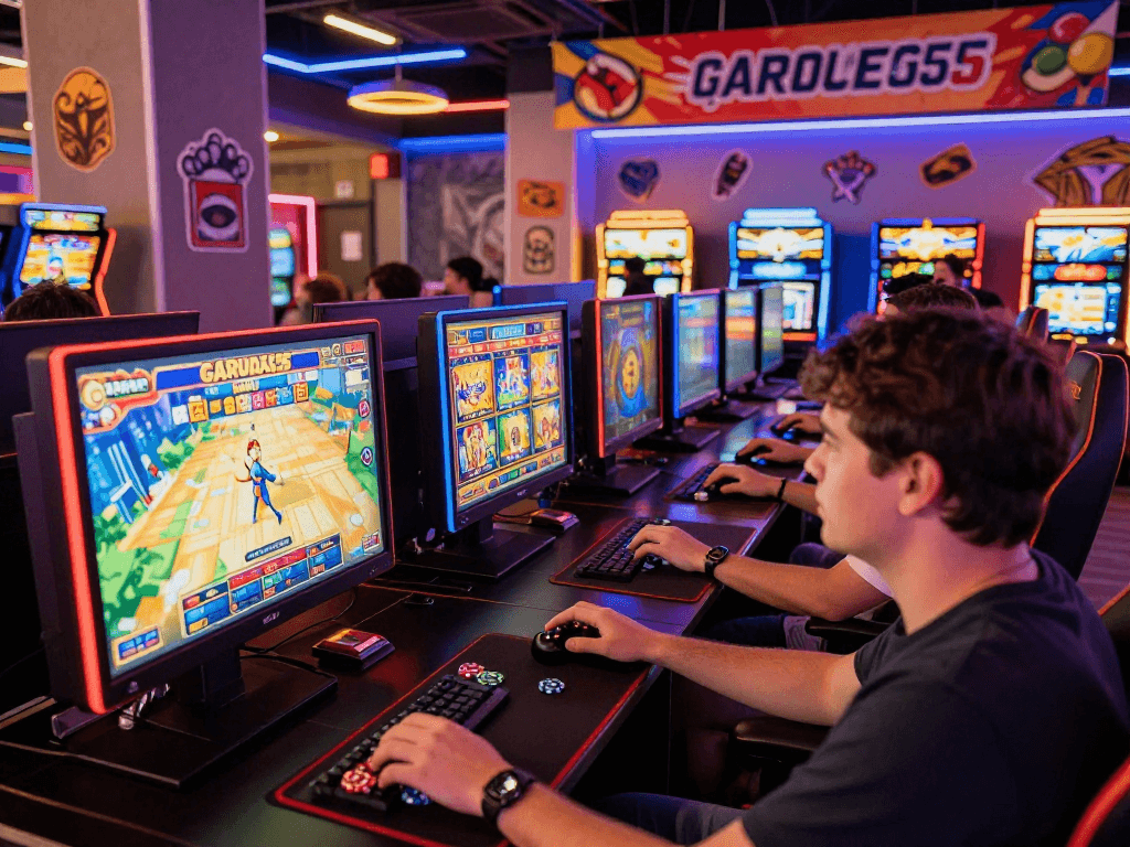 Exciting GARUDA55 online slot gaming scene with players immersed in colorful slot machines and vibrant atmosphere.