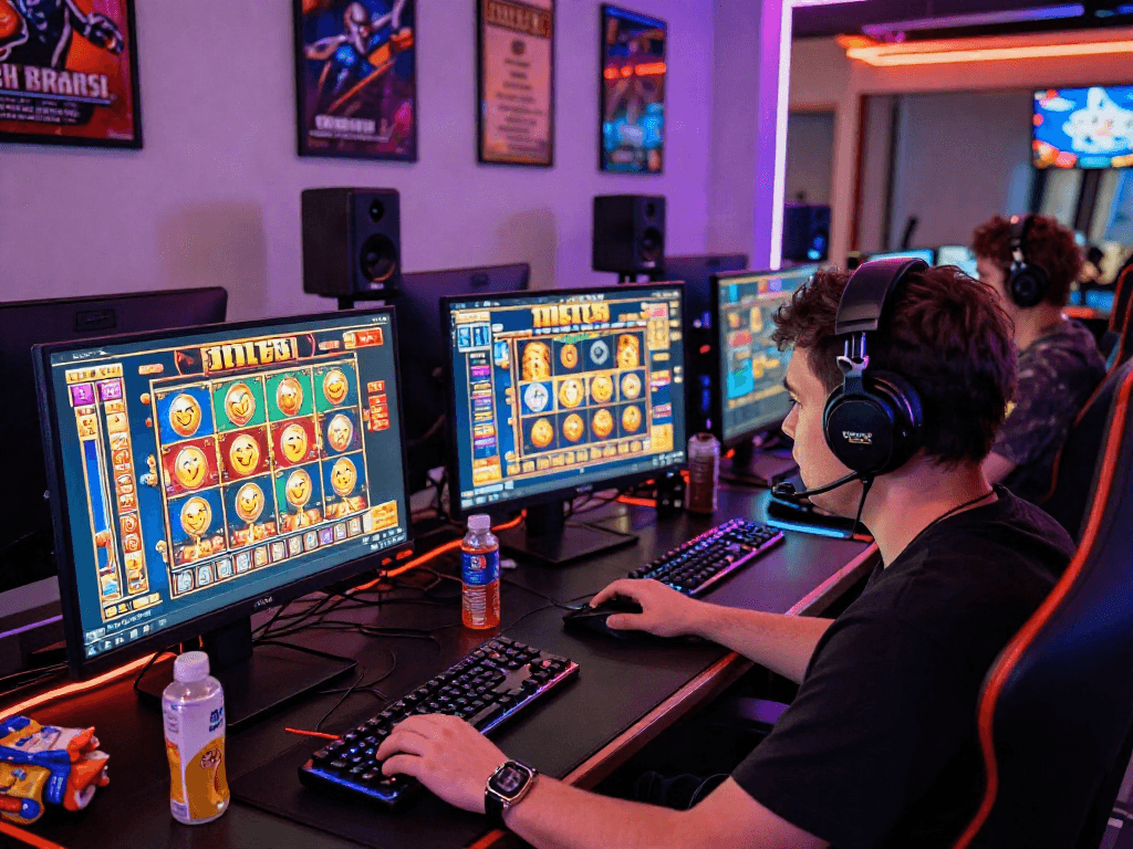 Exciting online gaming scene featuring slot115 title on screens, showcasing an immersive gambling experience.