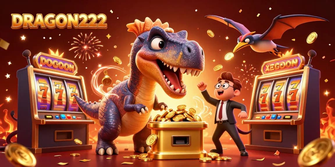 Experience the excitement of DRAGON222 as a pachycephalosaurus wins big at the slot machine with flying coins.