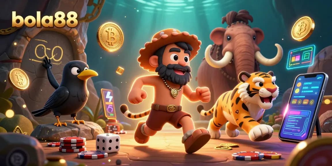 Bola88 casino scene featuring cartoon caveman and sabertooth tiger duo with vibrant gaming elements.