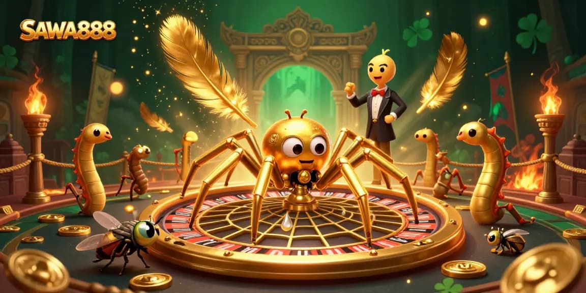Experience thrilling bets at SAWA888 with a golden roulette wheel and vibrant casino ambiance.