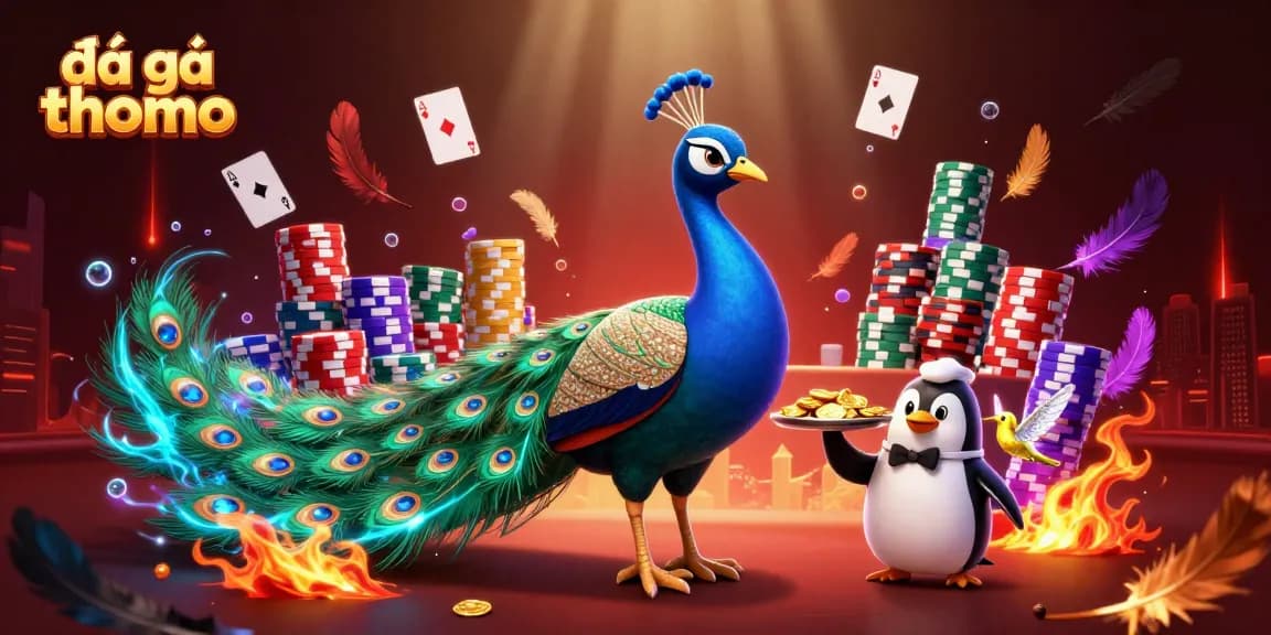 Watch đá gà thomo action in a vibrant arena with a peacock and animated characters