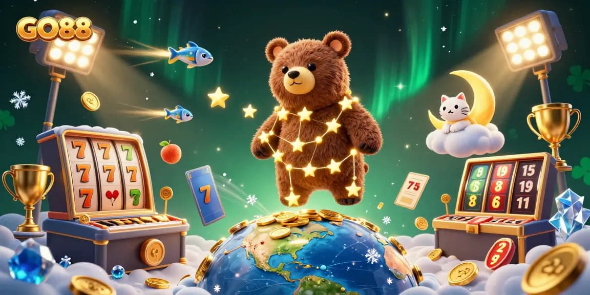 Experience the excitement of GO88 with a vibrant 3D casino scene featuring slot reels and golden coins.
