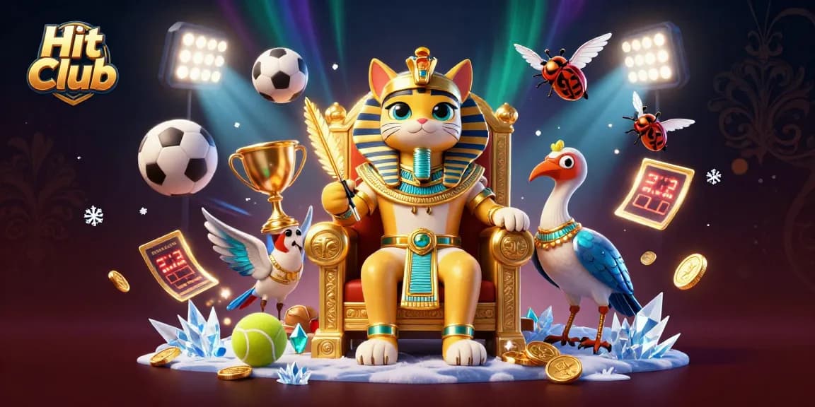 Engage with the Hit Club in a dynamic casino scene showcasing vibrant 3D elements and sports.