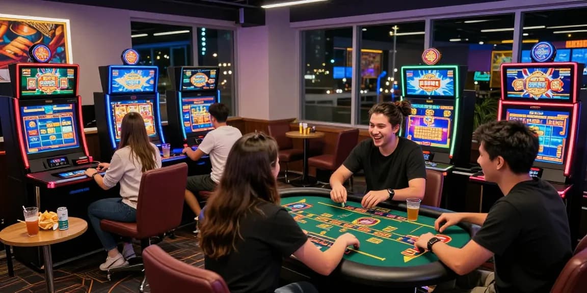 Players enjoying thrilling games on the benihtoto gambling platform, vibrant atmosphere with exciting colors.