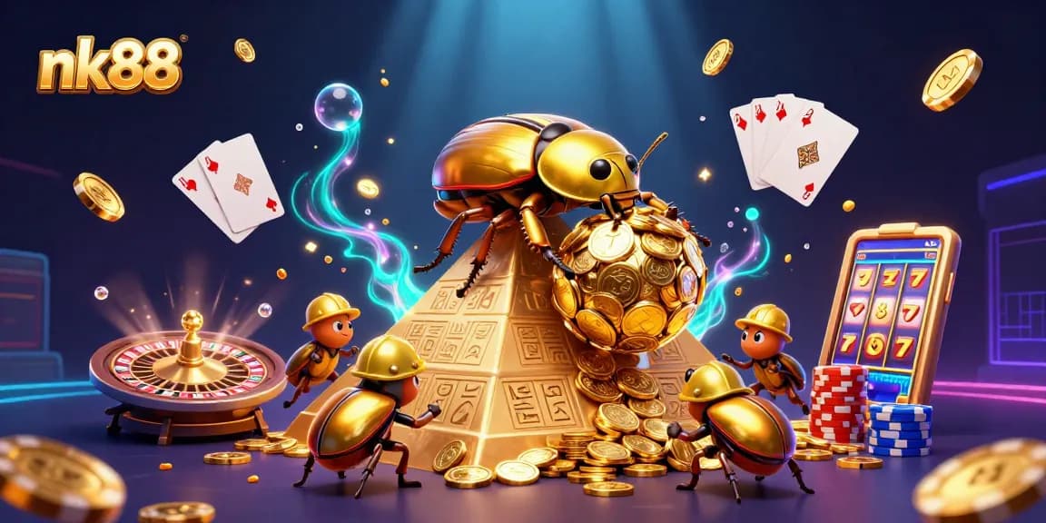 Experience thrilling nk88 gameplay with vibrant casino elements and animated gold in this immersive illustration.