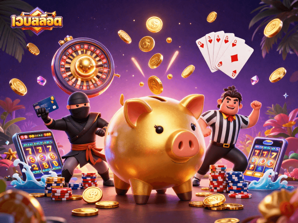 Engage with เว็บสล็อต featuring a golden piggy bank sumo wrestler and dynamic casino action.