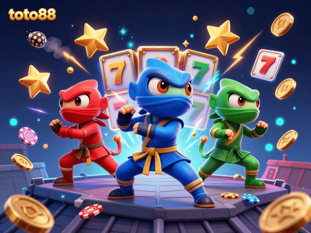 Play toto88 with a thrilling slot game experience featuring colorful ninja chameleons and dynamic elements.