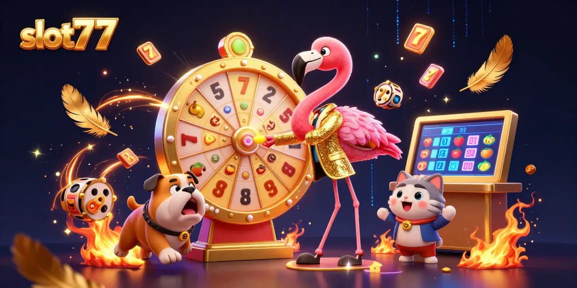 Experience excitement with slot777 as a flamingo host spins a golden prize wheel alongside excited contestants.