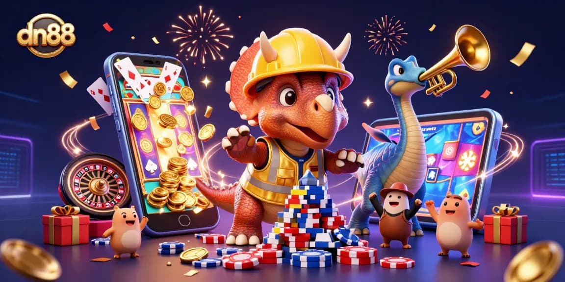 Experience the vibrant world of dn88 with a triceratops building poker chips among a celebration.