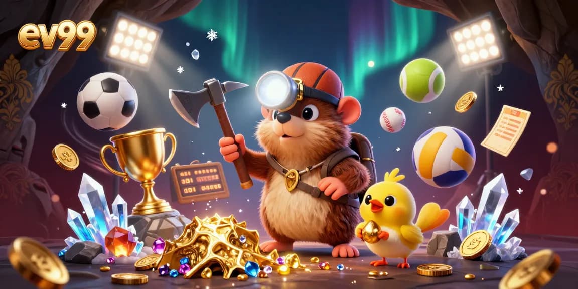 Engage with the thrill of ev99 as the treasure hunter mole mines treasures surrounded by dynamic sports elements for a vibrant casino experience.