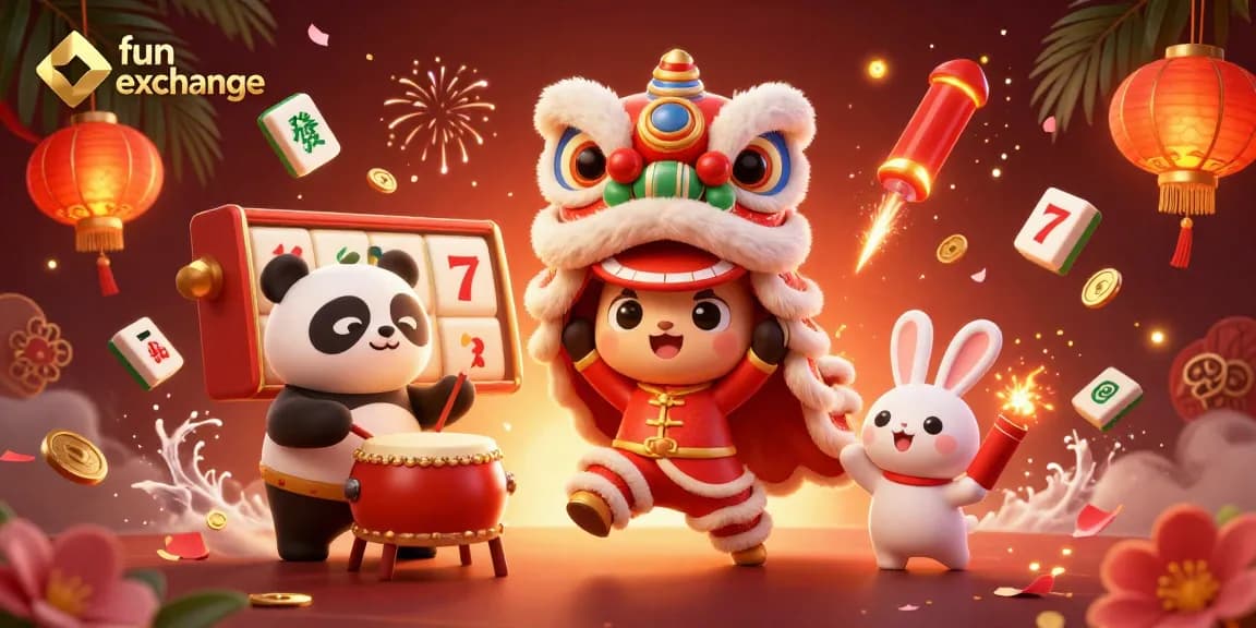 Engage in thrilling fun exchange gaming with dynamic characters, slot reels, and vibrant decorations.