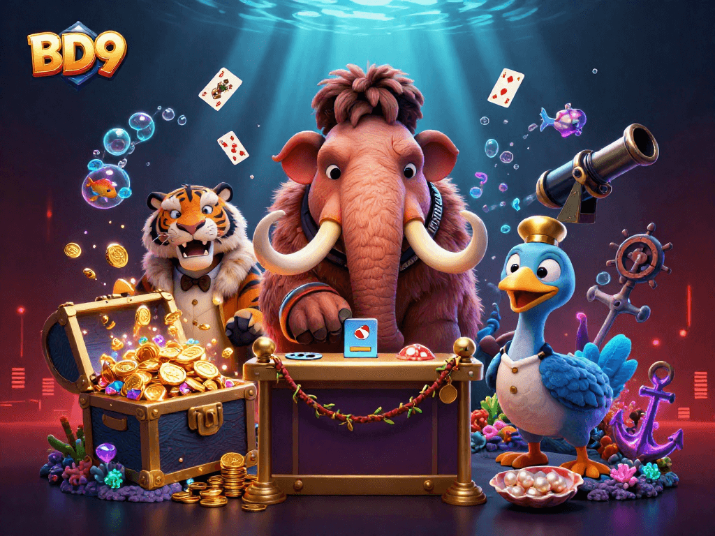 BD9 bouncer checks IDs at a lively casino entrance with gold coins and vibrant underwater themes.