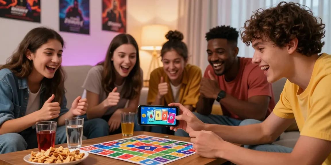 Engaging scene of friends playing Card Rummy on their smartphone from https://cardrummyapp.com.pk/ in a cozy living room, showcasing excitement and a vibrant gaming atmosphere.