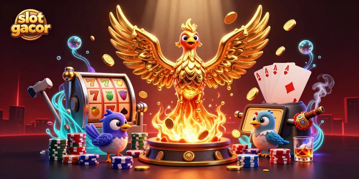 Experience thrilling slots with slot gacor's vibrant golden phoenix and poker elements.