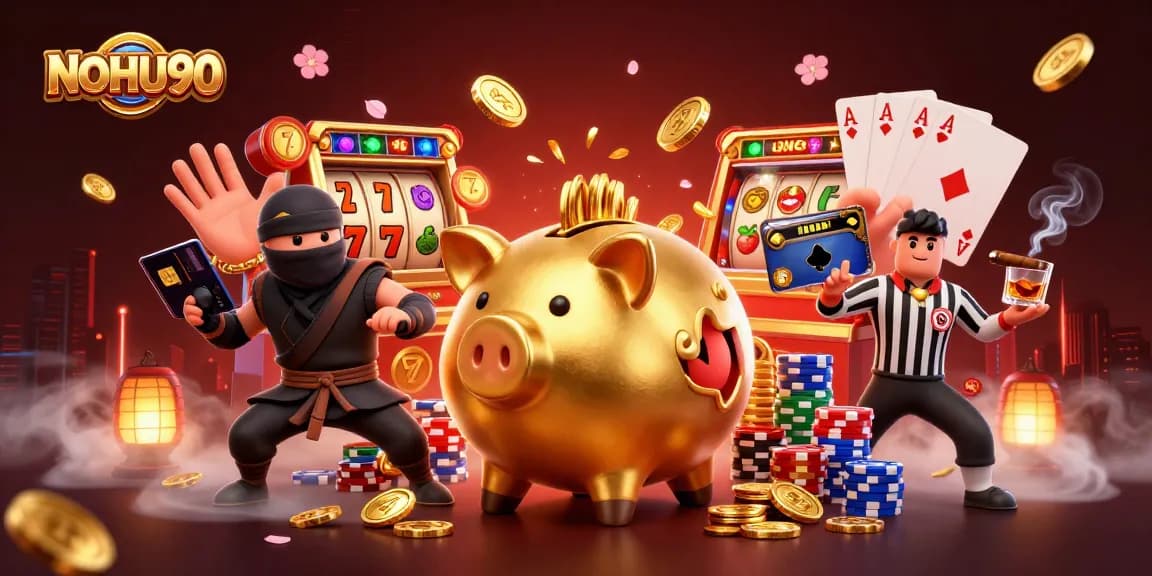 Watch NOHU90's giant golden piggy bank sumo wrestler stomp and unleash golden coins in this vibrant gambling illustration.