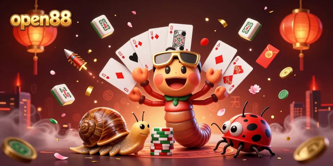 Engage with dynamic gaming at open88 featuring a millipede dealer and high-roller snail in a vibrant casino scene.