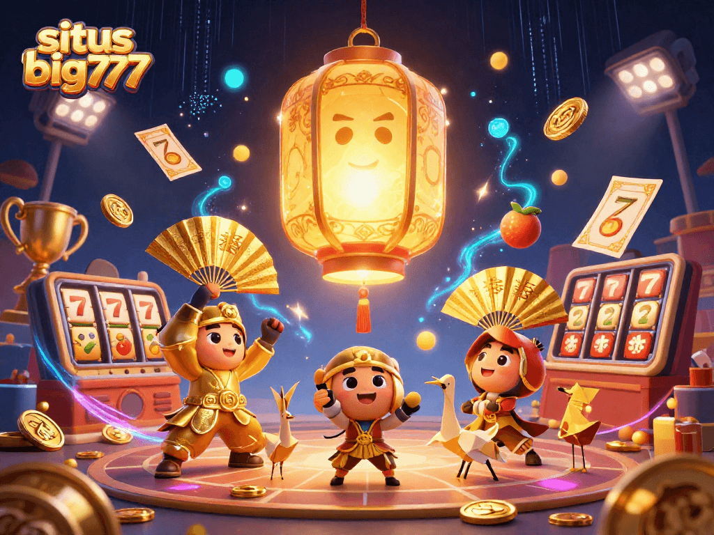 Engage with situs big777 slots and lucky symbols in a vibrant 3D casino scene.