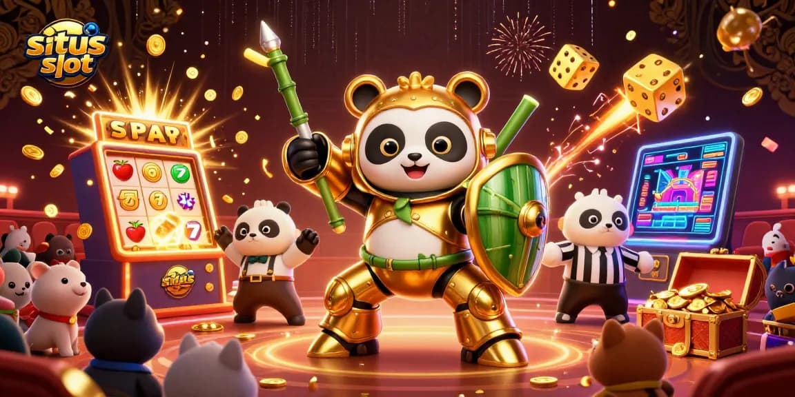 Gambar situs slot menampilkan panda yang mengemudikan robot tempur dalam suasana kasino berwarna cerah.
