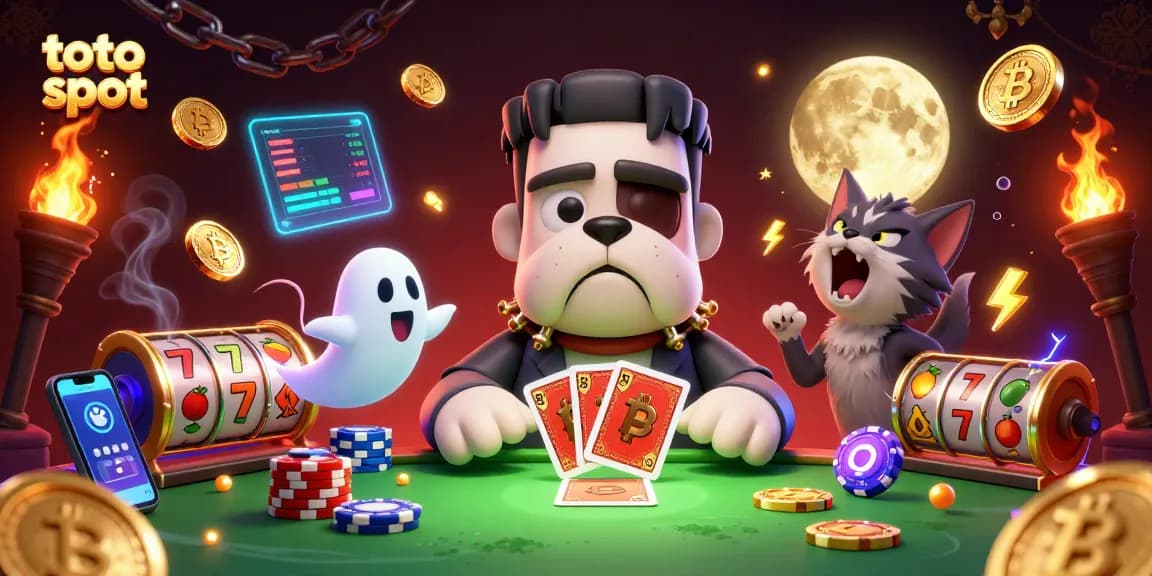 Experience thrilling action with toto slot as a Frankenstein bulldog deals cards at a spooky table.