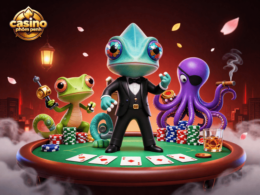 Engage in thrilling action at casino phnom penh featuring colorful poker elements and unique characters.