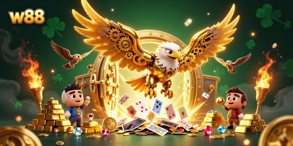 Win big with w88 at a vibrant online casino featuring a diving golden eagle in a treasure-filled scene.