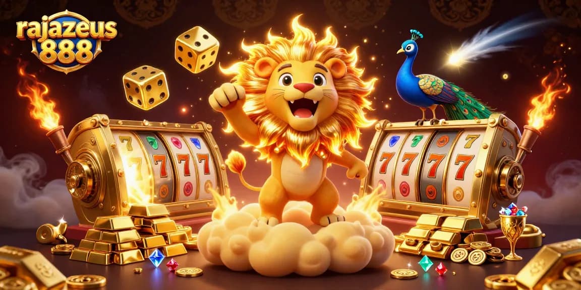 Experience the excitement of rajazeus 888 with vibrant slot reels and treasure in a dynamic casino scene