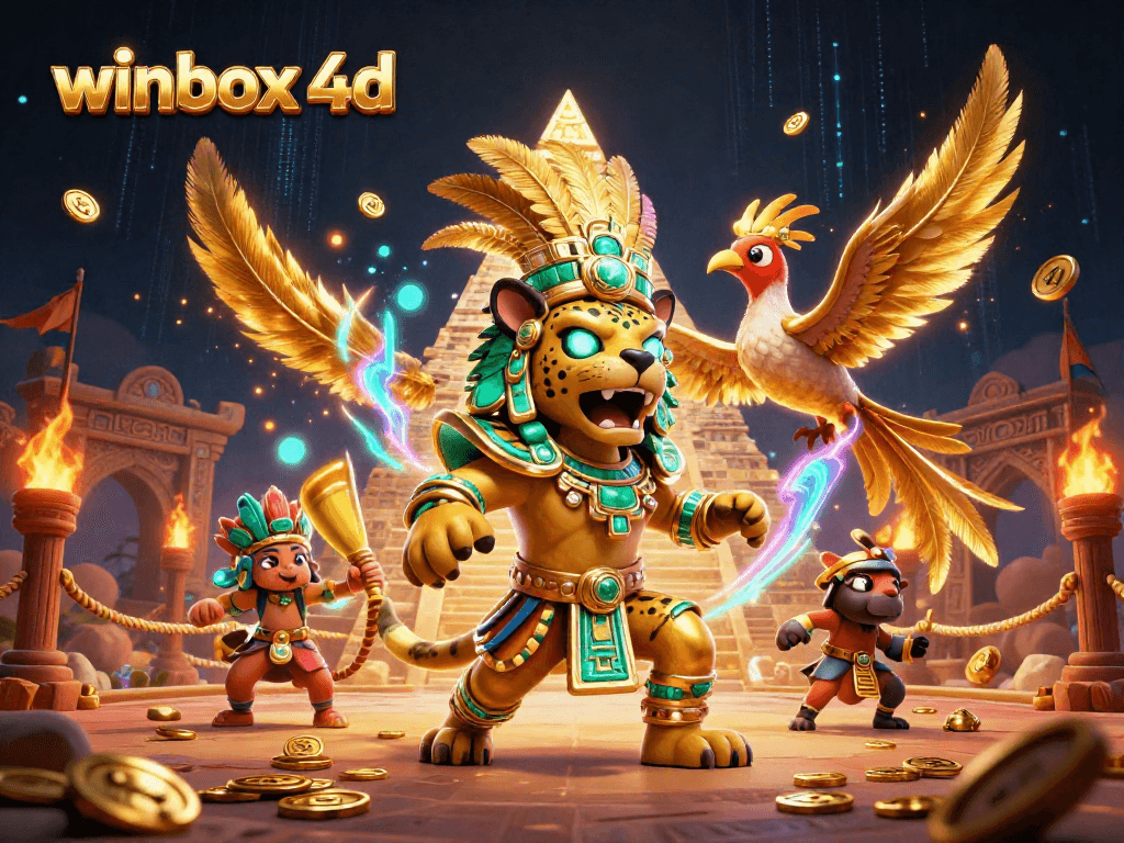 Winbox 4D: Experience thrilling gaming action with vibrant cartoon characters and dynamic casino elements.