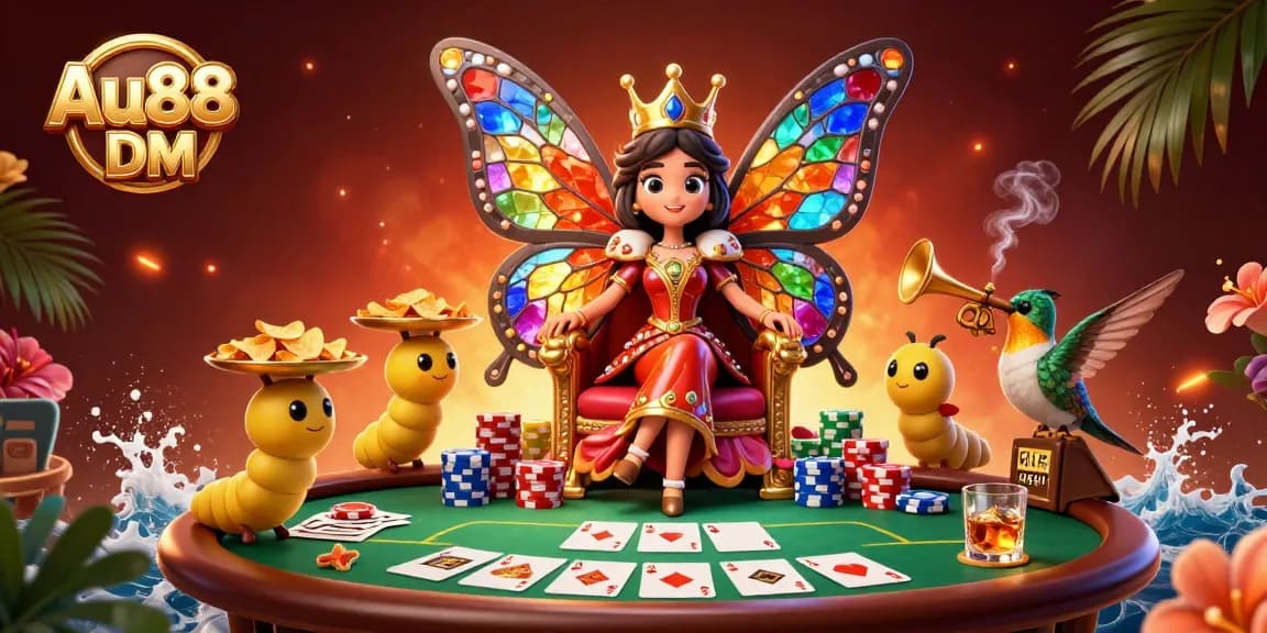 Engage with Au88 DM at a dynamic poker scene featuring a vibrant butterfly queen and chips.