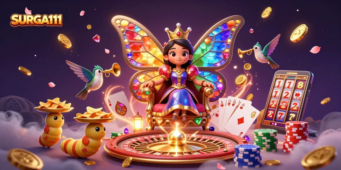Spin wins and discover jackpots at SURGA111 with vibrant 3D digital casino art featuring tokens and games.