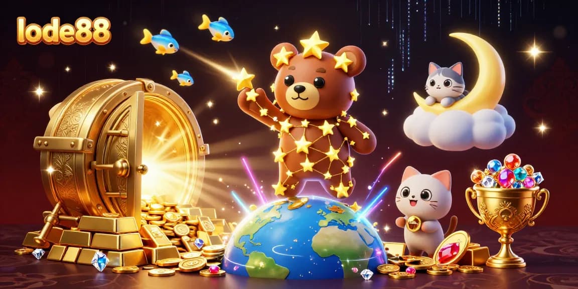 lode88 showcases a vibrant 3D illustration of a constellation bear in a fantasy casino theme with coins and treasures