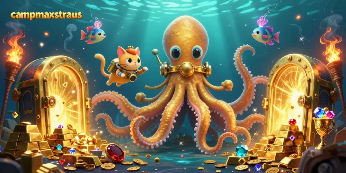 campmaxstraus merayakan kemenangan dengan karakter slot dan harta karun di bawah laut