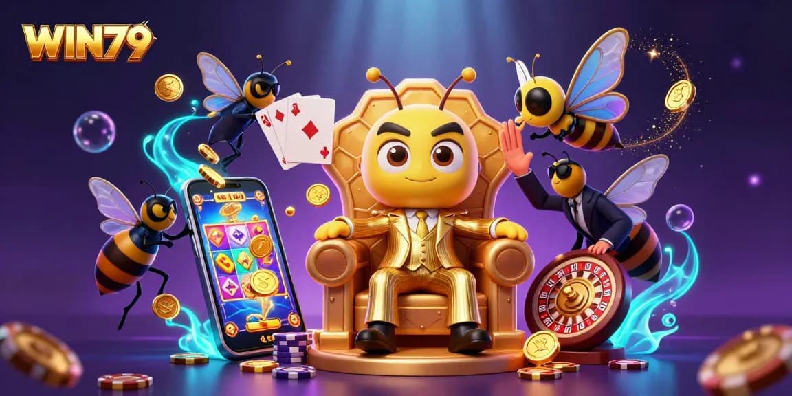 WIN79 slot game interaction featuring a vibrant 3D bee mob boss with gaming elements.