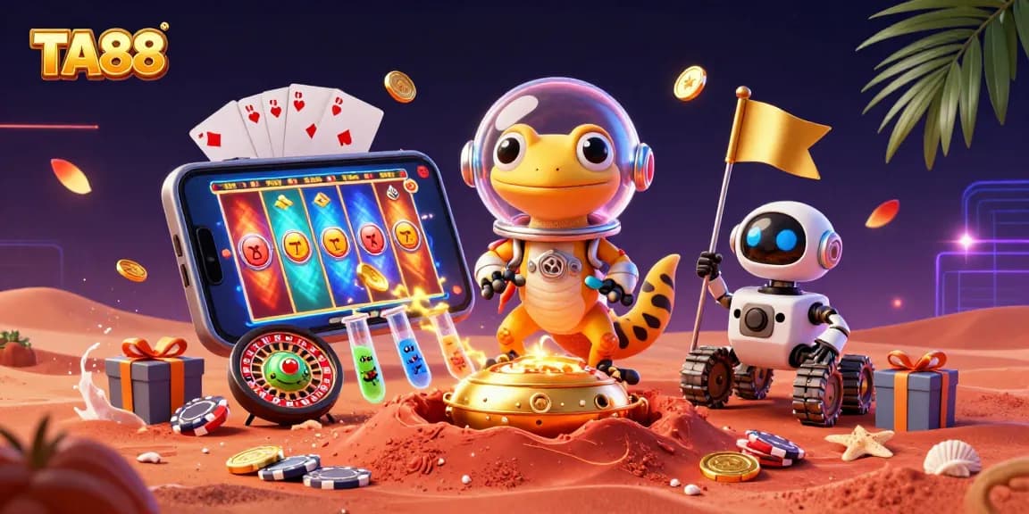 TA88 Martian gecko interacts with casino elements, showcasing thrilling gaming possibilities.