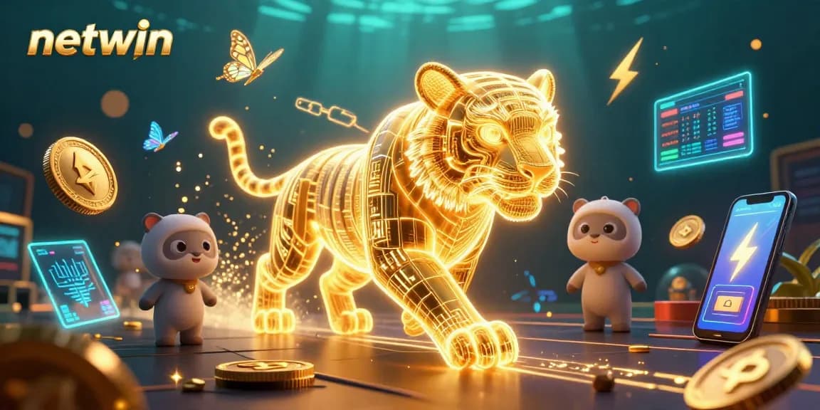 Engage with netwin’s vibrant digital casino where a golden tiger and holographic butterflies roam