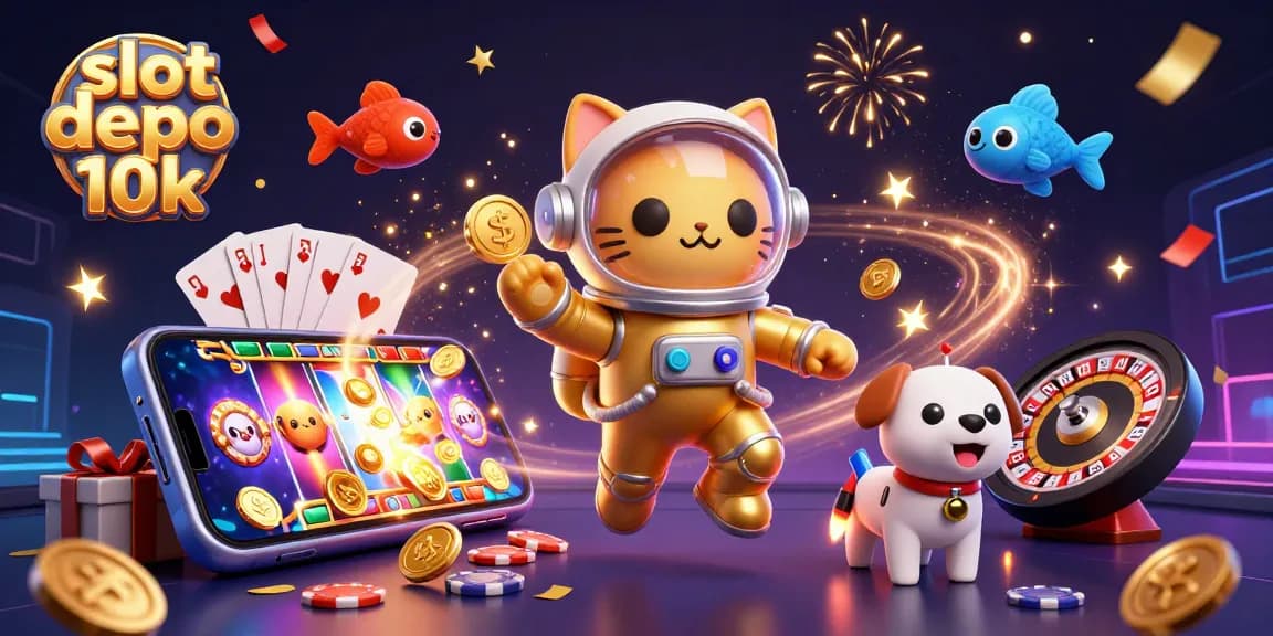 Spin to win at slot depo 10k with exciting slots, golden coins, and vibrant casino elements.
