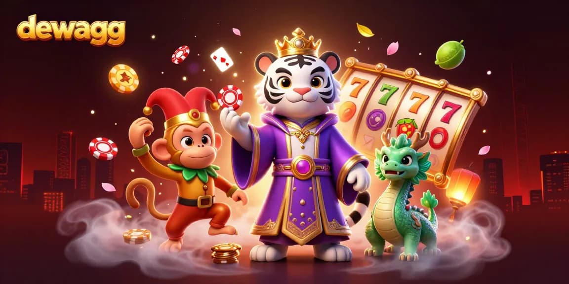 Engage in casino excitement with dewagg's vibrant illustration of a slot gaming scene full of lively elements.
