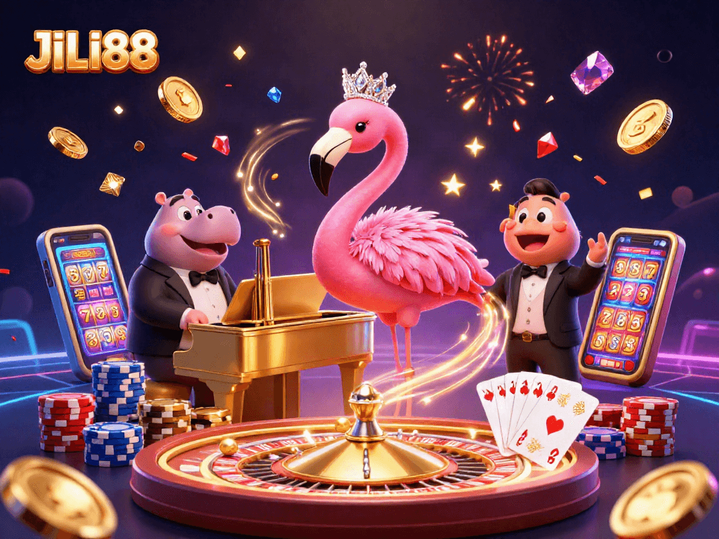 Experience winning moments with JILI88's vibrant casino illustration showcasing a flamingo singer and hippo bassist.