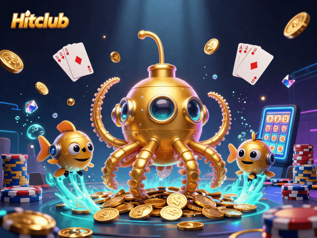 Hitclub exciting gameplay highlighted with a golden kraken submarine and colorful casino elements