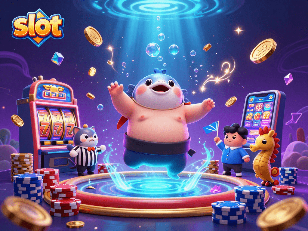 Experience thrilling slot action with a vibrant underwater casino scene featuring a fugu, catfish referee, and seahorse spectators.