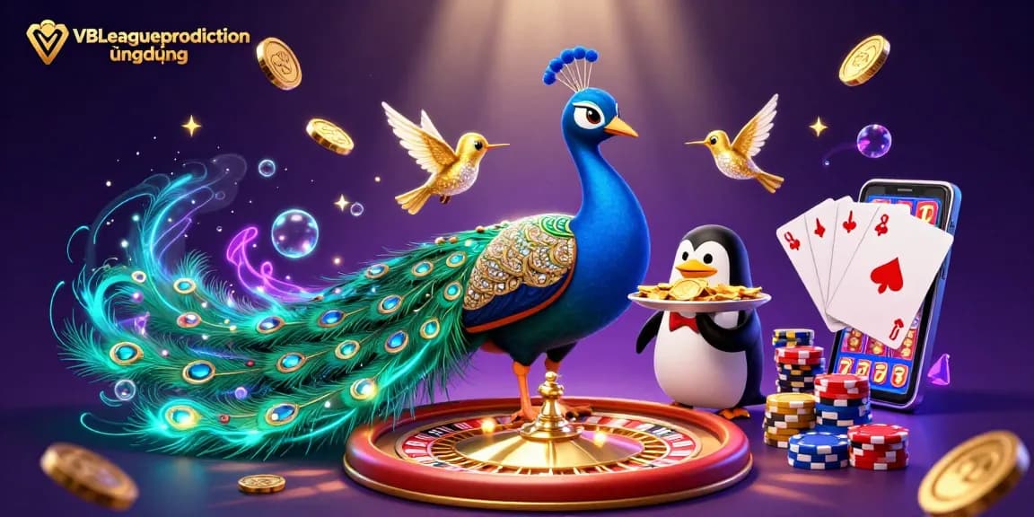 VBLeaguepredictionứngdụng showcases a vibrant casino scene with peacock, butler penguin, and hummingbird amid sparkling chips and coins.